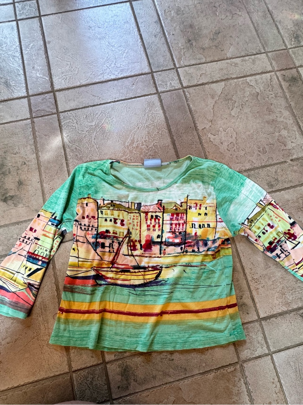 Jane Ashley Mint Green Harbor Scene Boat Print Top